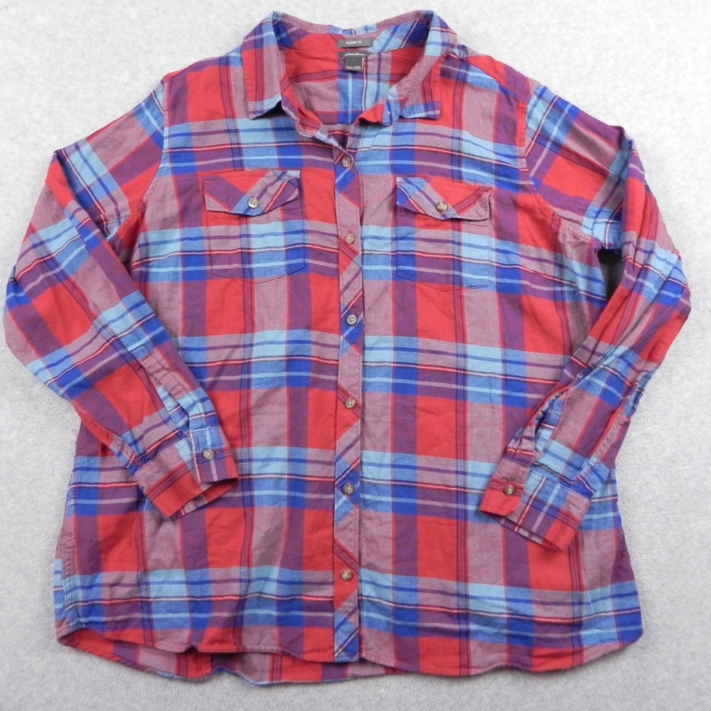 Eddie Bauer Shirt Top Womens 2XL Utility Flap Pocket Button Up Plaid Long Sleeve